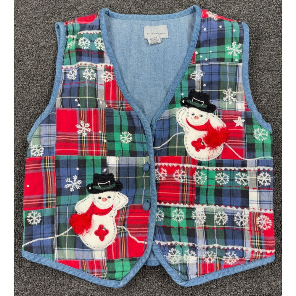 Vintage Christmas Snowman Vest Patchwork Plaid Denim Back Women M 90s